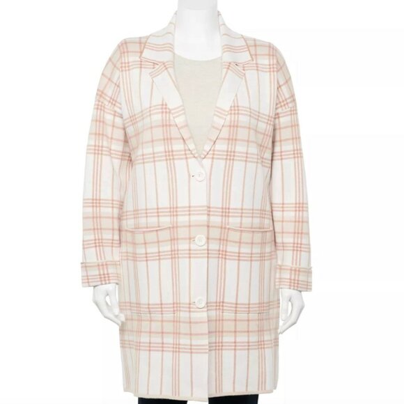 NINE WEST Plaid Sweater Coatigan White ish Cream Beige Tan Long Sweater Blazer L - Picture 5 of 16